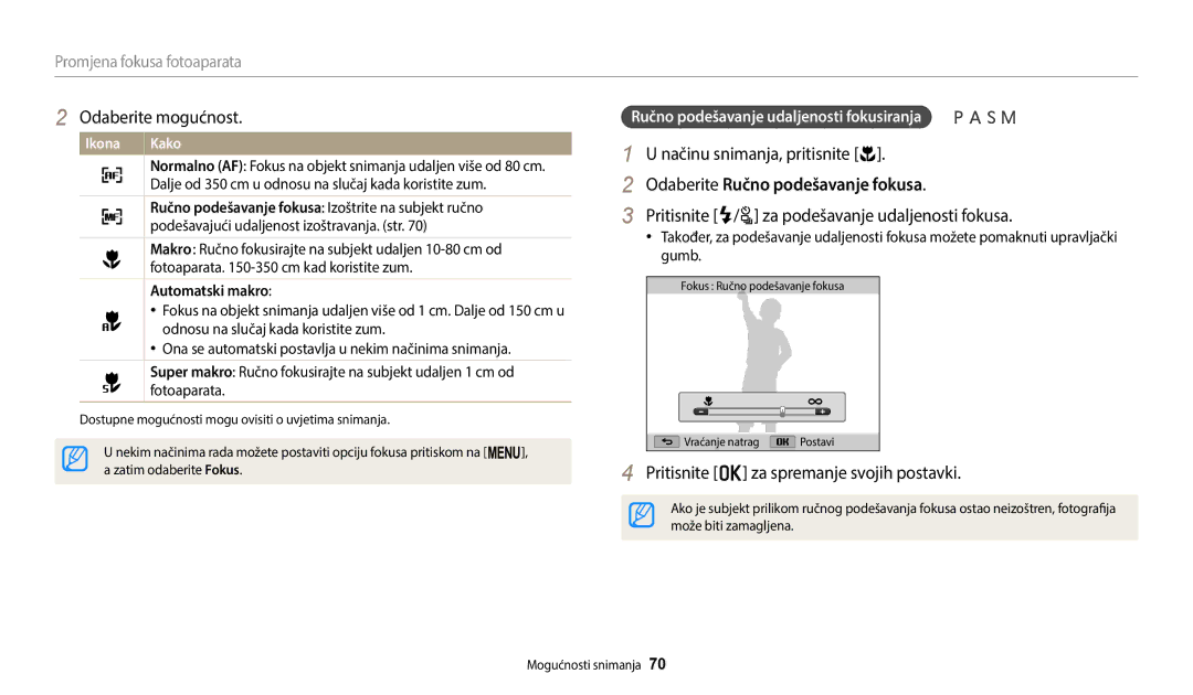 Samsung EC-WB2200BPBE3 Načinu snimanja, pritisnite c, Odaberite Ručno podešavanje fokusa, Promjena fokusa fotoaparata 