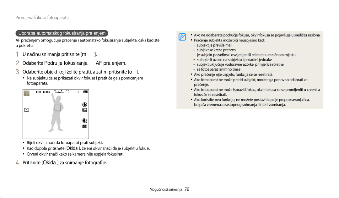 Samsung EC-WB2200BPBE3 manual Odaberite Područje fokusiranja → AF praćenjem, Uporaba automatskog fokusiranja praćenjem 