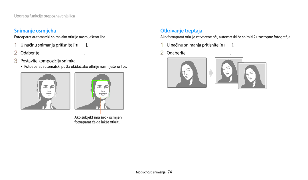 Samsung EC-WB2200BPBE3 manual Snimanje osmijeha Otkrivanje treptaja, Odaberite Prepoznavanje lica → Slikanje osmijeha 