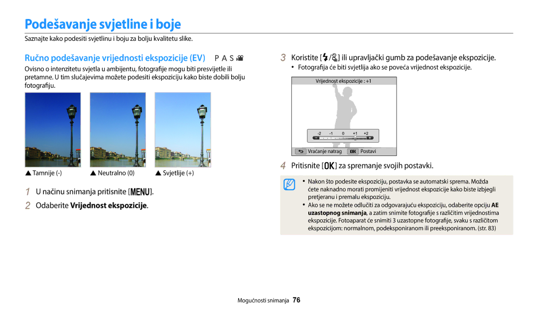 Samsung EC-WB2200BPBE3 manual Podešavanje svjetline i boje, Ručno podešavanje vrijednosti ekspozicije EV 