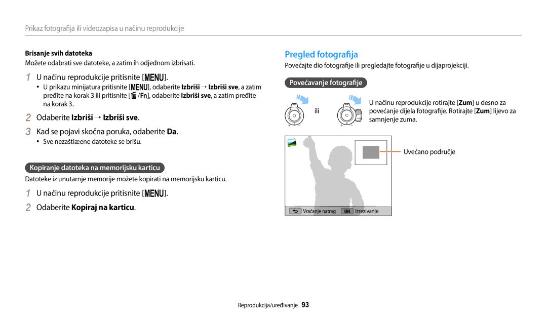 Samsung EC-WB2200BPBE3 manual Pregled fotografija, Načinu reprodukcije pritisnite m, Odaberite Izbriši → Izbriši sve 