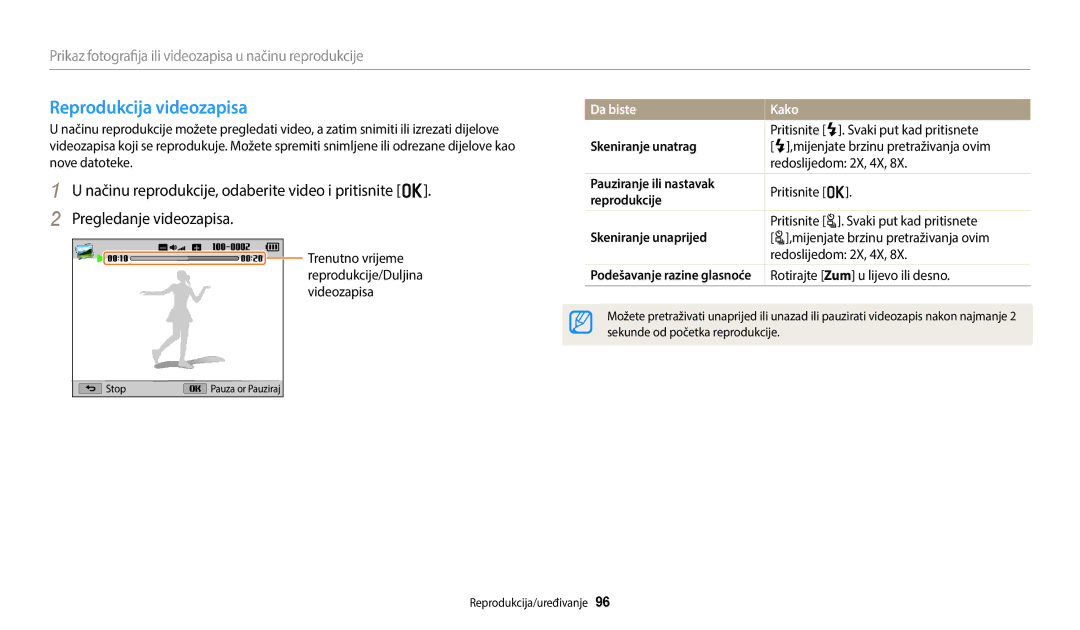 Samsung EC-WB2200BPBE3 manual Reprodukcija videozapisa, Skeniranje unatrag, Pauziranje ili nastavak, Reprodukcije 