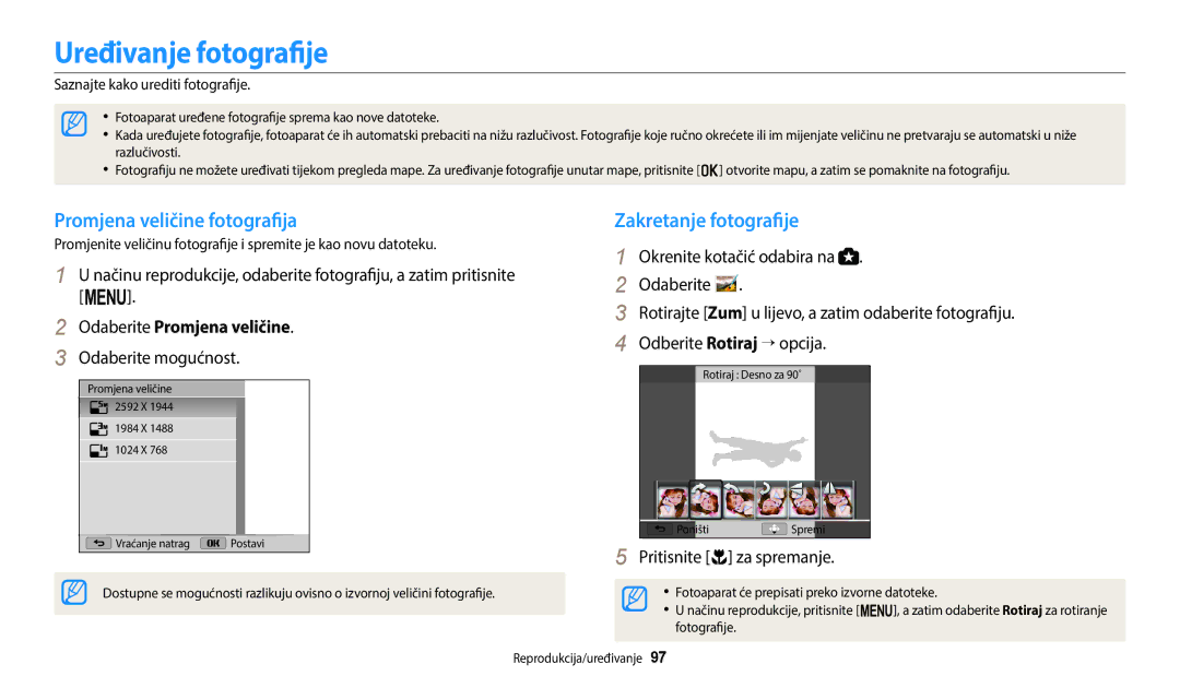 Samsung EC-WB2200BPBE3 manual Uređivanje fotografije, Promjena veličine fotografija Zakretanje fotografije 