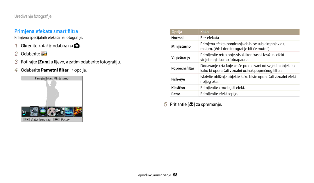 Samsung EC-WB2200BPBE3 manual Primjena efekata smart filtra, Pritisntie c za spremanje, Uređivanje fotografije, Normal 