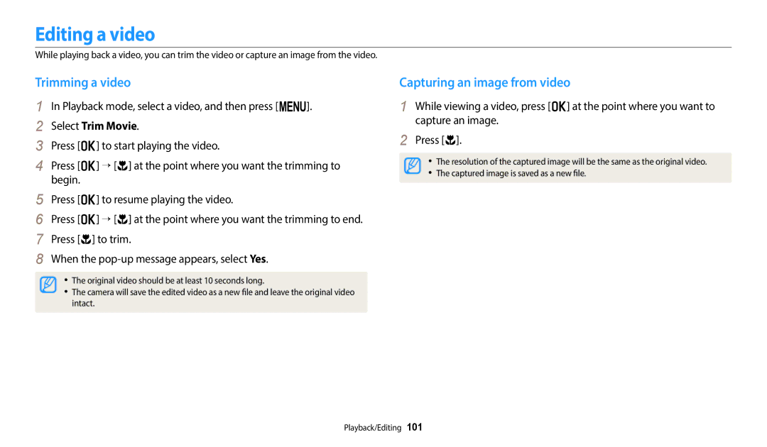 Samsung EC-WB2200BMBSA, EC-WB2200BPBFR Editing a video, Trimming a video, Capturing an image from video, Select Trim Movie 