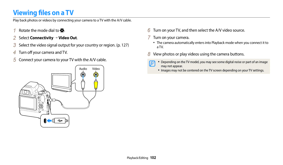 Samsung EC-WB2200DMBME, EC-WB2200BPBFR, EC-WB2200BPBTR manual Viewing files on a TV, Select Connectivity → Video Out 