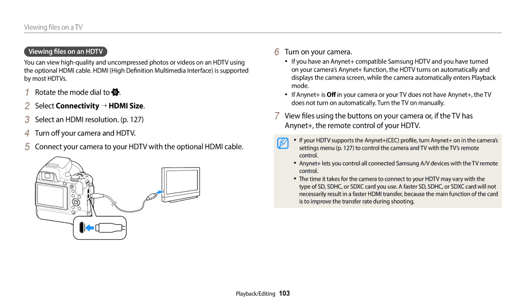 Samsung EC-WB2200DPBME, EC-WB2200BPBFR Select Connectivity → Hdmi Size, Viewing files on a TV, Viewing files on an Hdtv 