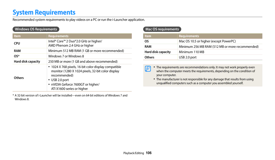 Samsung EC-WB2200BPBJO, EC-WB2200BPBFR, EC-WB2200BPBTR System Requirements, Windows OS Requirements, Mac OS requirements 