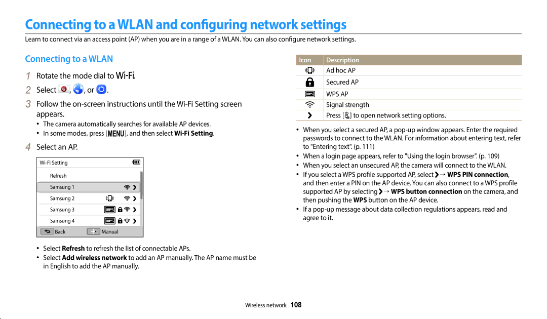 Samsung EC-WB2200BPBE2, EC-WB2200BPBFR, EC-WB2200BPBTR Connecting to a Wlan and configuring network settings, Select an AP 