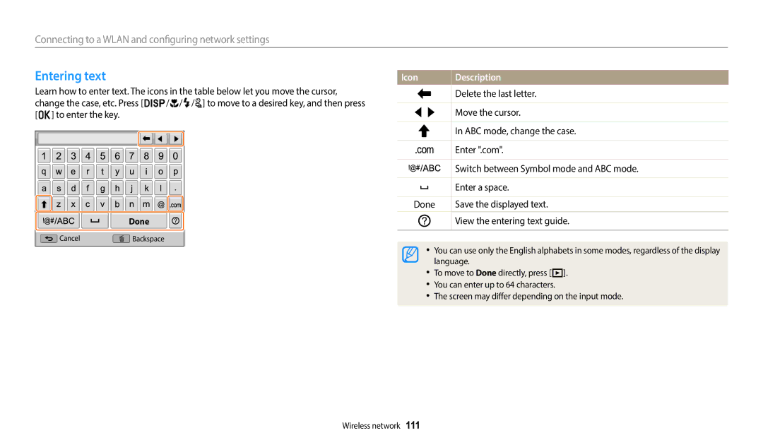 Samsung EC-WB2200BPBFR, EC-WB2200BPBTR, EC-WB2200BPBE1, EC-WB2200BMBM3, EC-WB2200BMBSA, EC-WB2200DMBME manual Entering text 