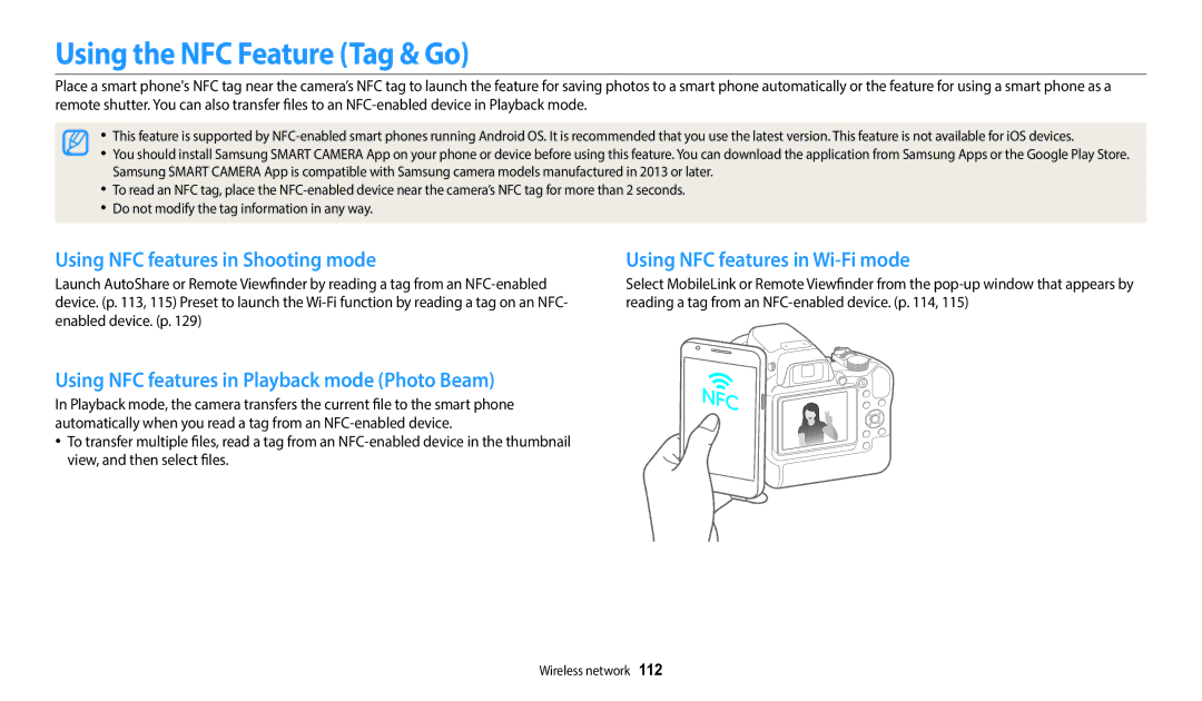 Samsung EC-WB2200BPBTR, EC-WB2200BPBFR, EC-WB2200BPBE1 Using the NFC Feature Tag & Go, Using NFC features in Shooting mode 