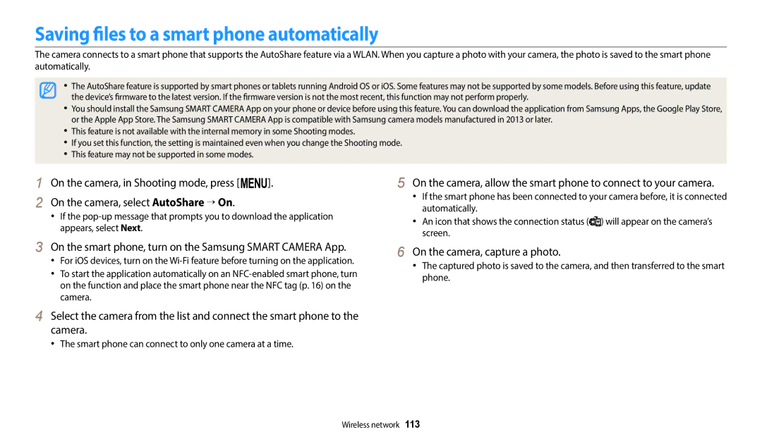 Samsung EC-WB2200BPBE1, EC-WB2200BPBFR manual Saving files to a smart phone automatically, On the camera, capture a photo 