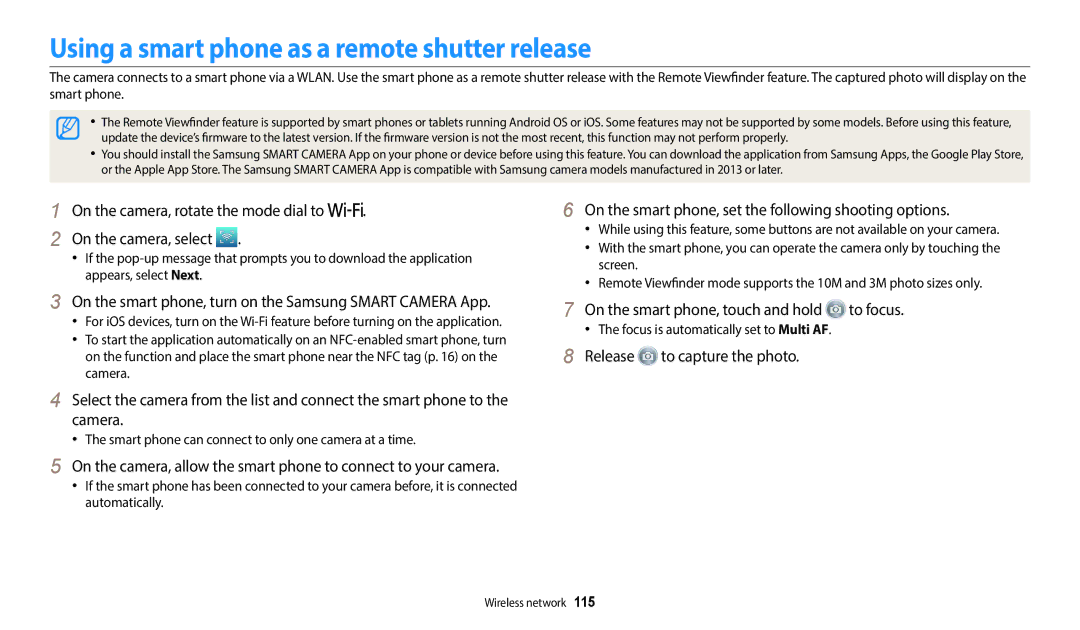 Samsung EC-WB2200BMBSA manual Using a smart phone as a remote shutter release, On the smart phone, touch and hold to focus 