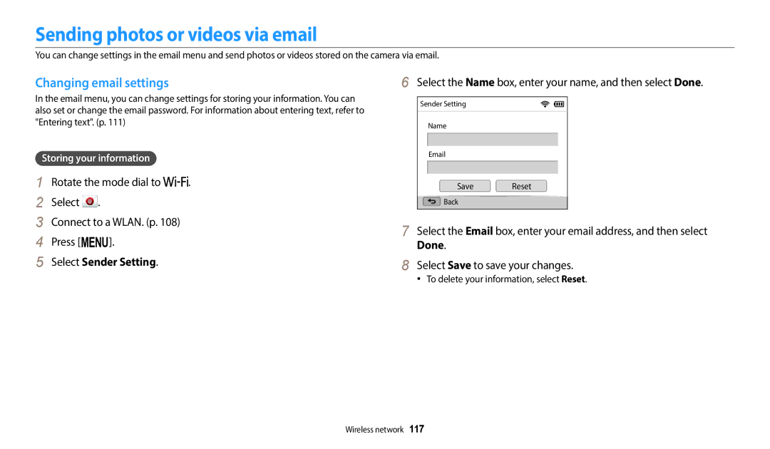 Samsung EC-WB2200DPBME, EC-WB2200BPBFR Sending photos or videos via email, Changing email settings, Select Sender Setting 