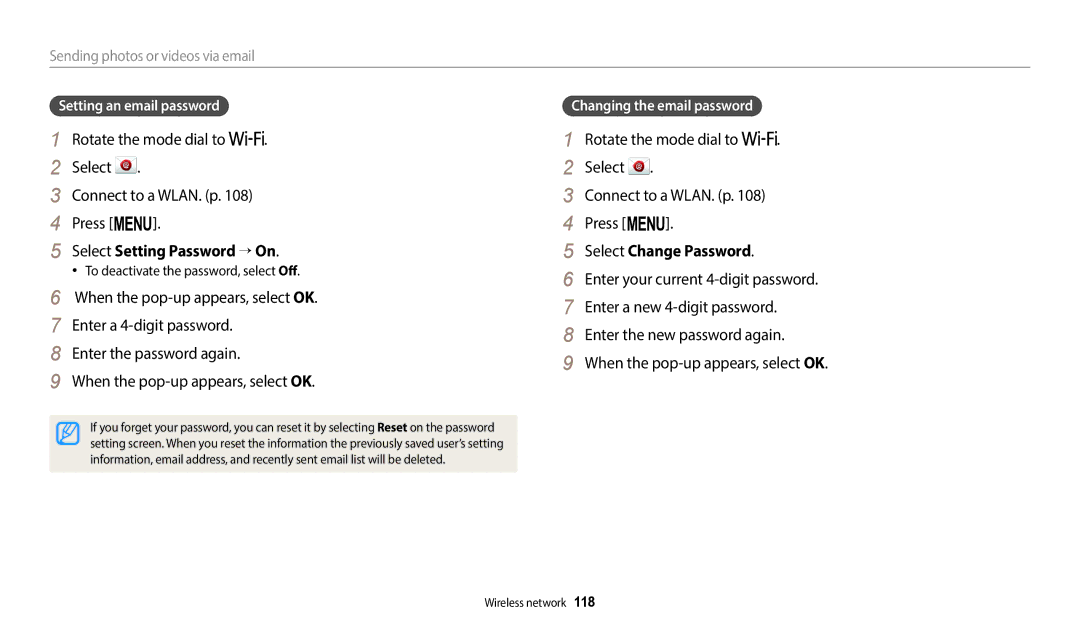 Samsung EC-WB2200DPBZA manual Select Setting Password → On, Select Change Password, Sending photos or videos via email 