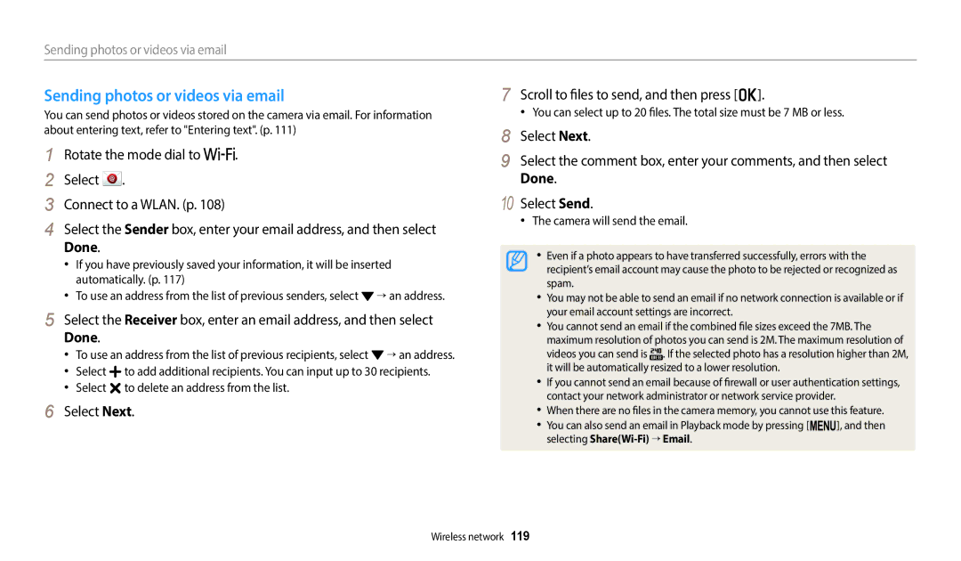 Samsung EC-WB2200BPBRU manual Sending photos or videos via email, Select Next Scroll to files to send, and then press o 