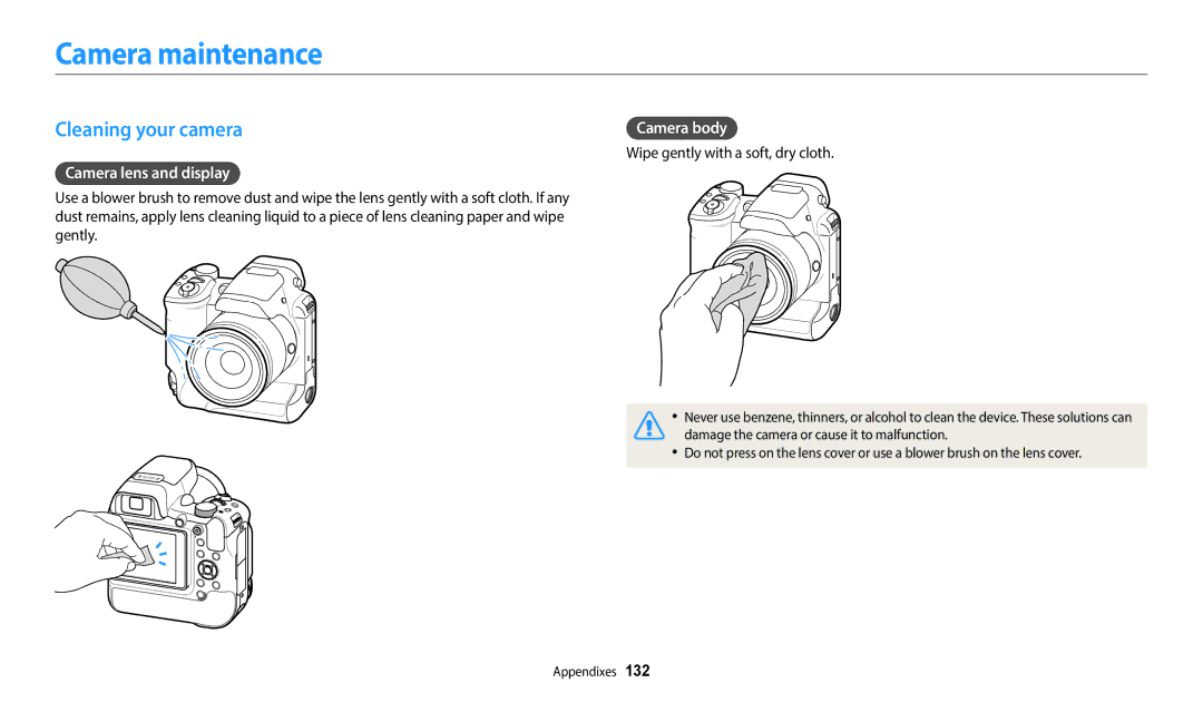 Samsung EC-WB2200DPBZA, EC-WB2200BPBFR manual Camera maintenance, Cleaning your camera, Camera lens and display, Camera body 