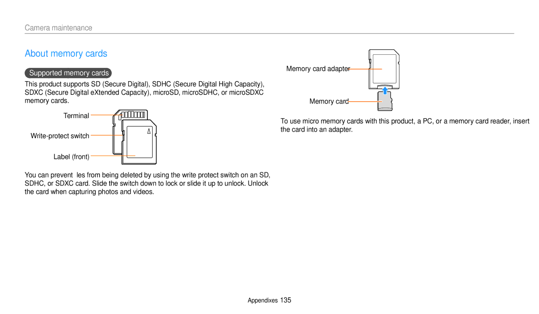 Samsung EC-WB2200BPBE3, EC-WB2200BPBFR, EC-WB2200BPBTR, EC-WB2200BPBE1 manual About memory cards, Supported memory cards 