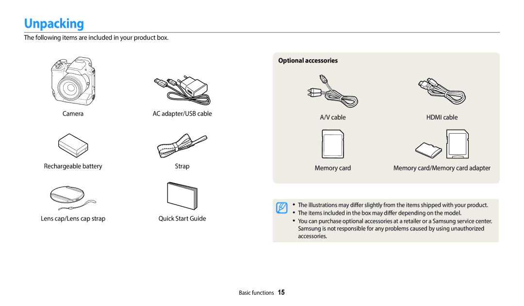 Samsung EC-WB2200BPBE1, EC-WB2200BPBFR, EC-WB2200BPBTR, EC-WB2200BMBM3, EC-WB2200BMBSA manual Unpacking, Optional accessories 