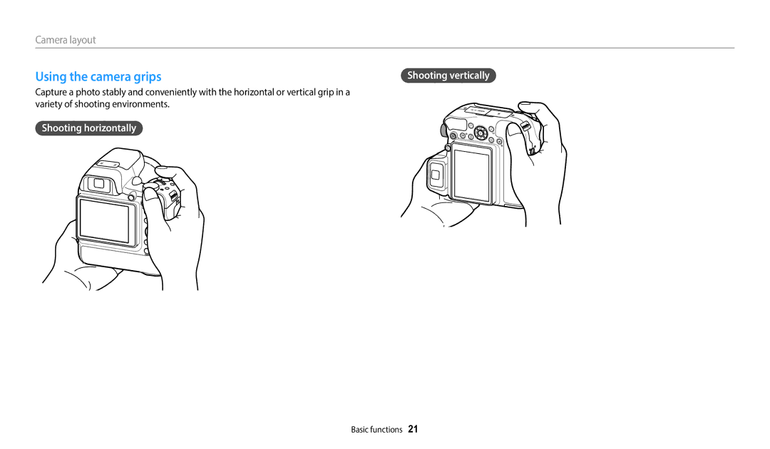 Samsung EC-WB2200BPBRU, EC-WB2200BPBFR, EC-WB2200BPBTR, EC-WB2200BPBE1 manual Using the camera grips, Shooting horizontally 