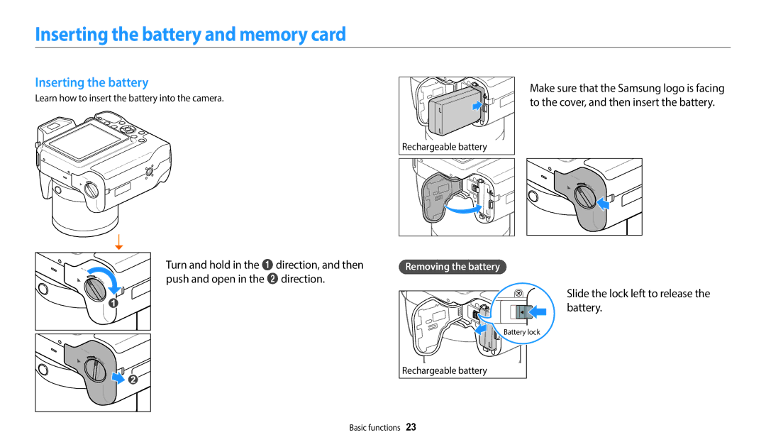 Samsung EC-WB2200BPBE3, EC-WB2200BPBFR Inserting the battery and memory card, Slide the lock left to release the battery 