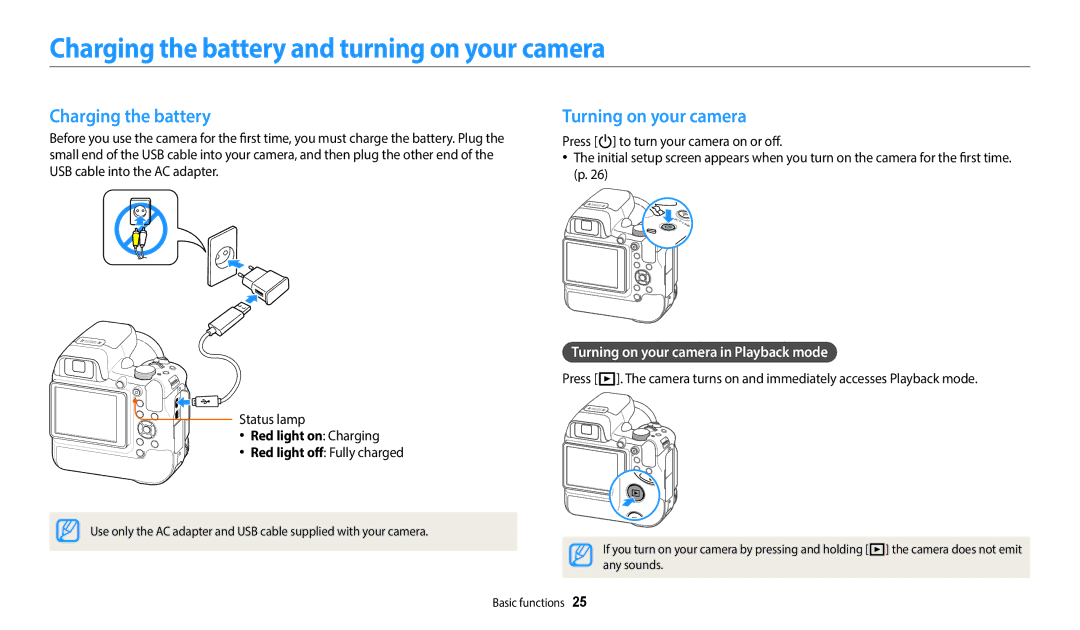 Samsung EC-WB2200BPBKZ manual Charging the battery and turning on your camera, Turning on your camera in Playback mode 