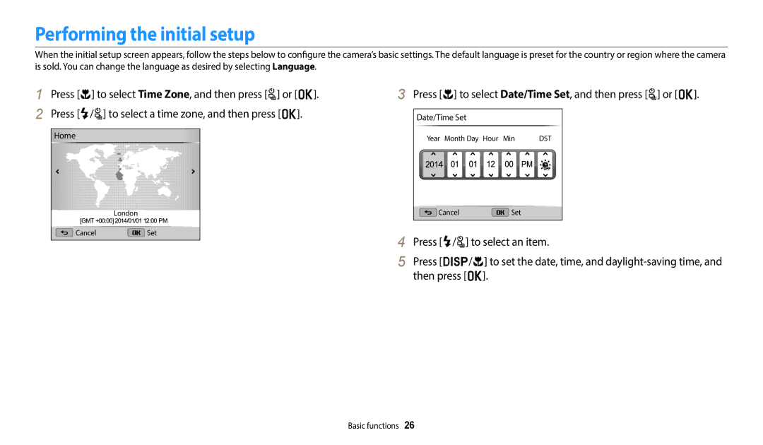 Samsung EC-WB2200BPBIL manual Performing the initial setup, Press c to select Date/Time Set, and then press t or o 