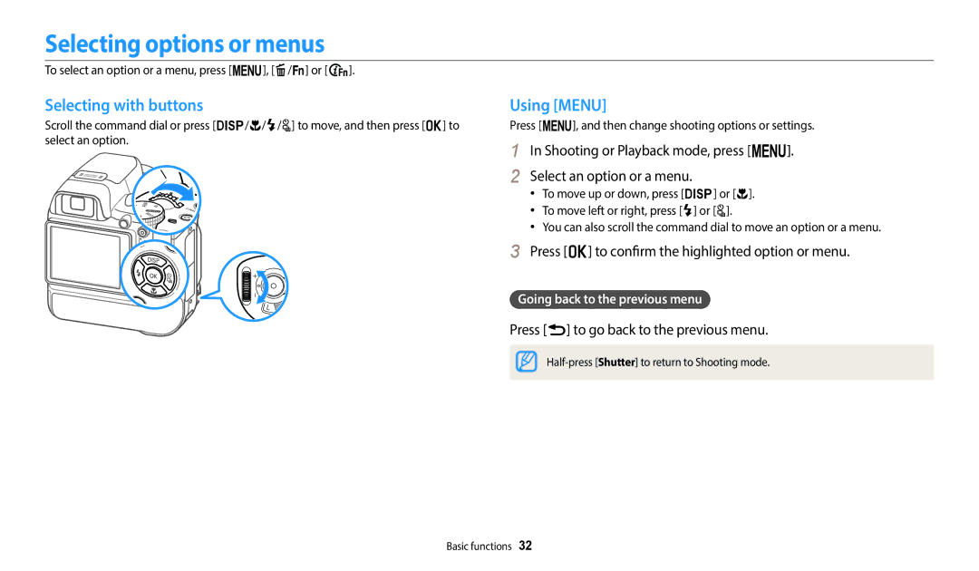 Samsung EC-WB2200DMBME, EC-WB2200BPBFR, EC-WB2200BPBTR manual Selecting options or menus, Selecting with buttons, Using Menu 