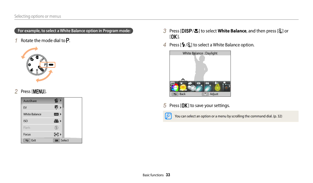 Samsung EC-WB2200DPBME manual Rotate the mode dial to Press m, Press o to save your settings, Selecting options or menus 