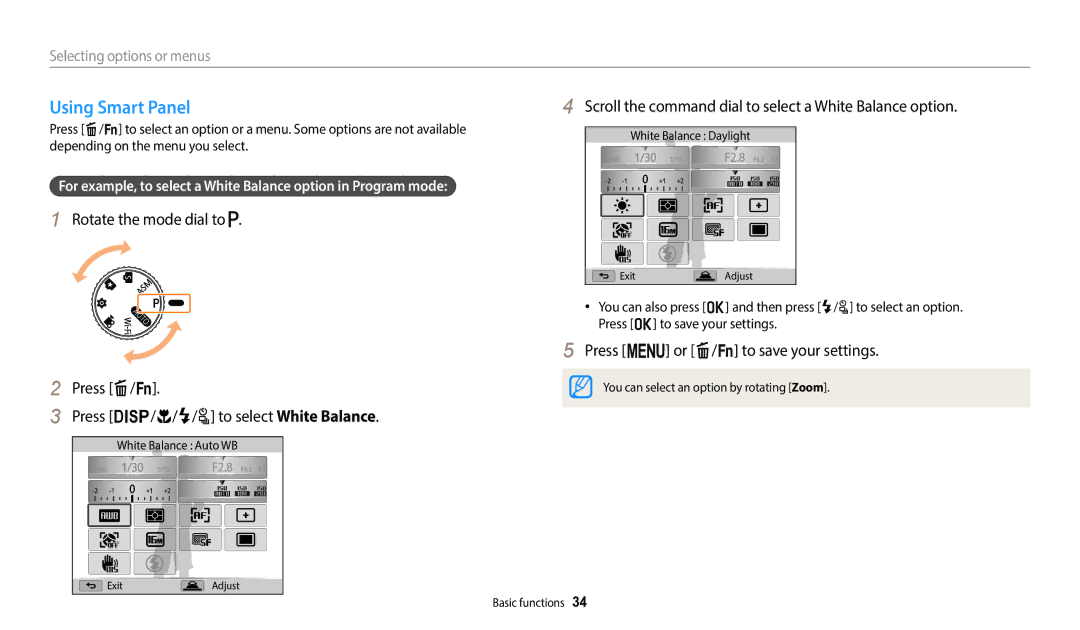 Samsung EC-WB2200DPBZA, EC-WB2200BPBFR manual Using Smart Panel, Scroll the command dial to select a White Balance option 