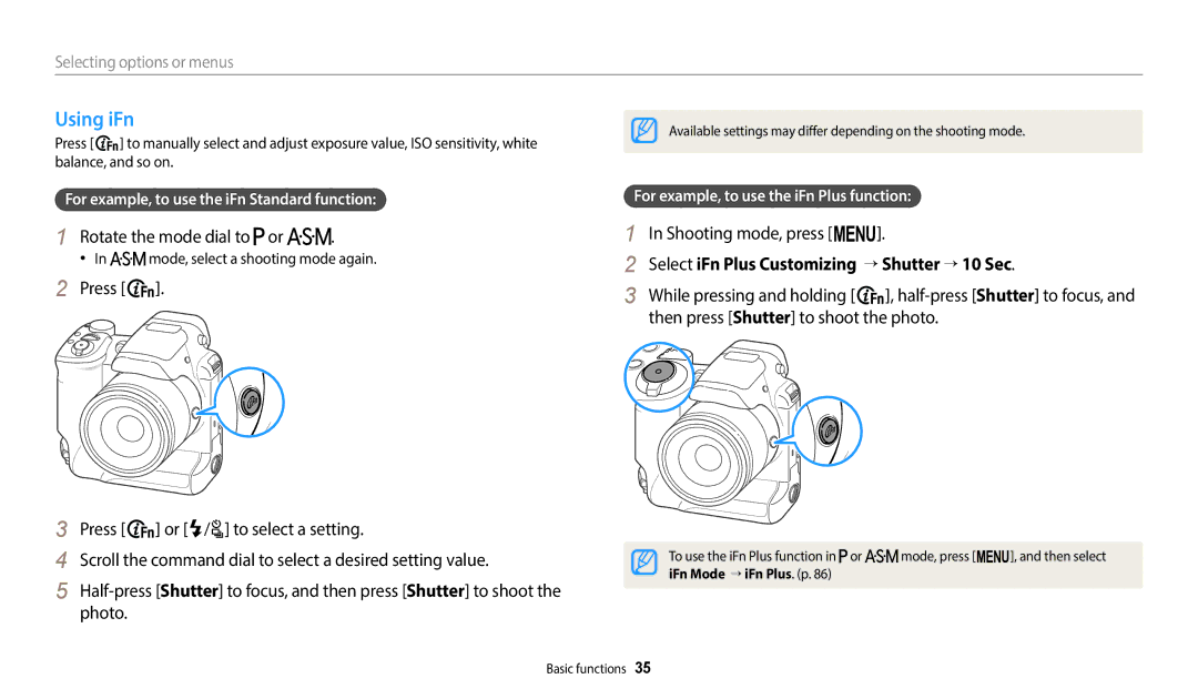 Samsung EC-WB2200BPBRU, EC-WB2200BPBFR, EC-WB2200BPBTR manual Using iFn, Rotate the mode dial to or, Shooting mode, press m 