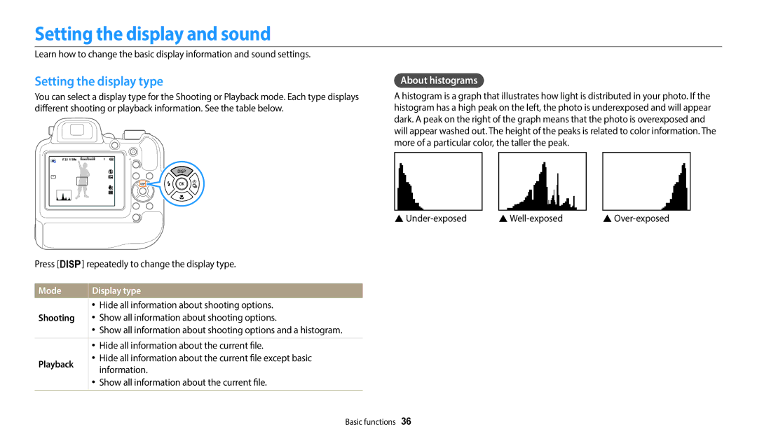 Samsung EC-WB2200BPBJO manual Setting the display and sound, Setting the display type, About histograms, Mode, Playback 