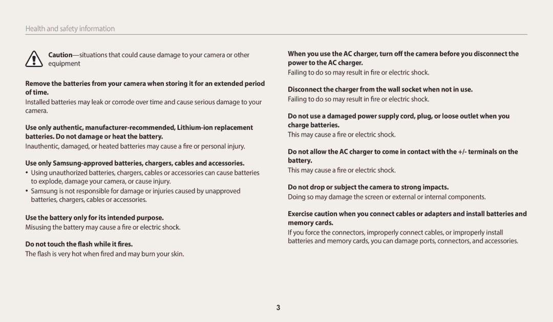 Samsung EC-WB2200BMBSA manual Use the battery only for its intended purpose, Do not touch the flash while it fires 