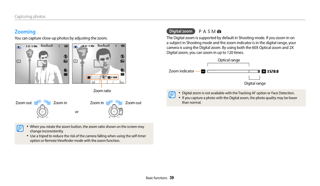 Samsung EC-WB2200BPBKZ, EC-WB2200BPBFR Zooming, Capturing photos, Digital zoom, Optical range Zoom indicator Digital range 