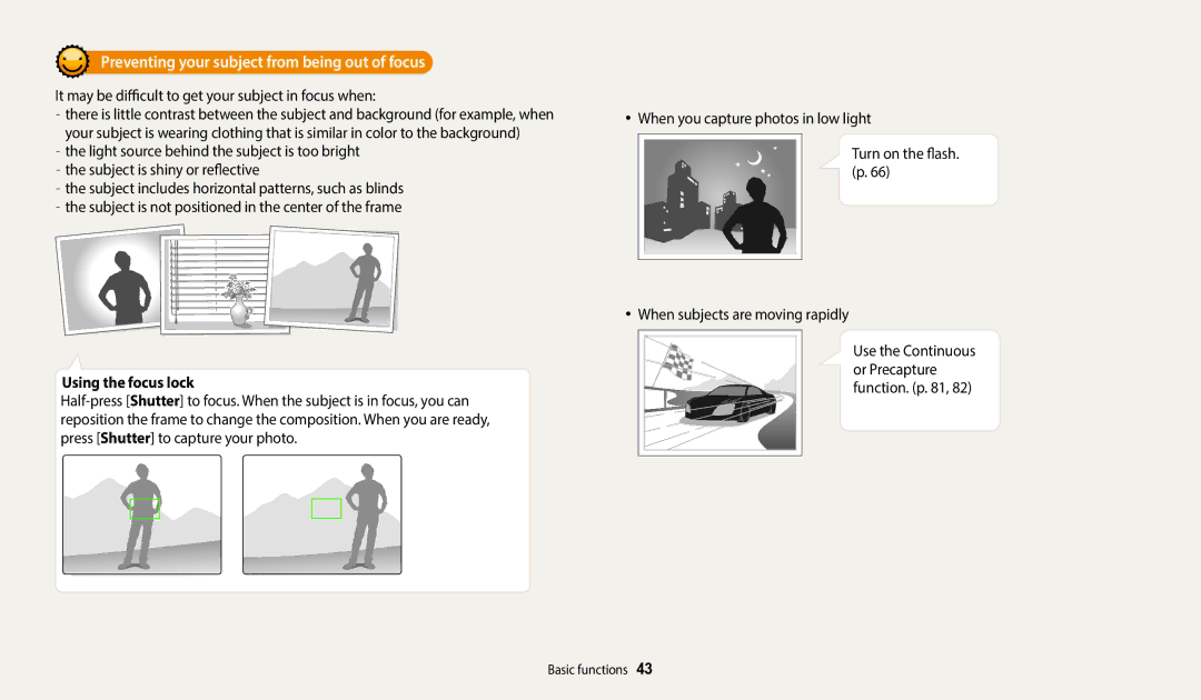 Samsung EC-WB2200BPBE1, EC-WB2200BPBFR manual Preventing your subject from being out of focus, Using the focus lock 