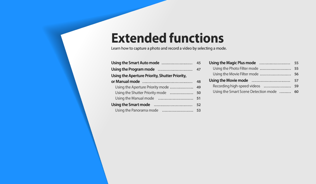 Samsung EC-WB2200BMBM3, EC-WB2200BPBFR, EC-WB2200BPBTR, EC-WB2200BPBE1 Extended functions, Using the Smart mode … ………………………… 