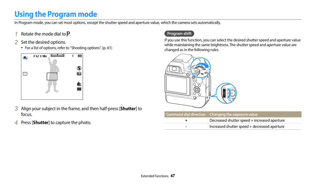 Samsung EC-WB2200DPBME manual Using the Program mode, Rotate the mode dial to Set the desired options, Program shift 