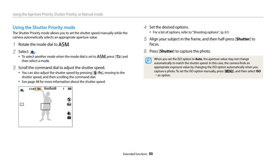 Samsung EC-WB2200BPBJO manual Using the Shutter Priority mode, Scroll the command dial to adjust the shutter speed 