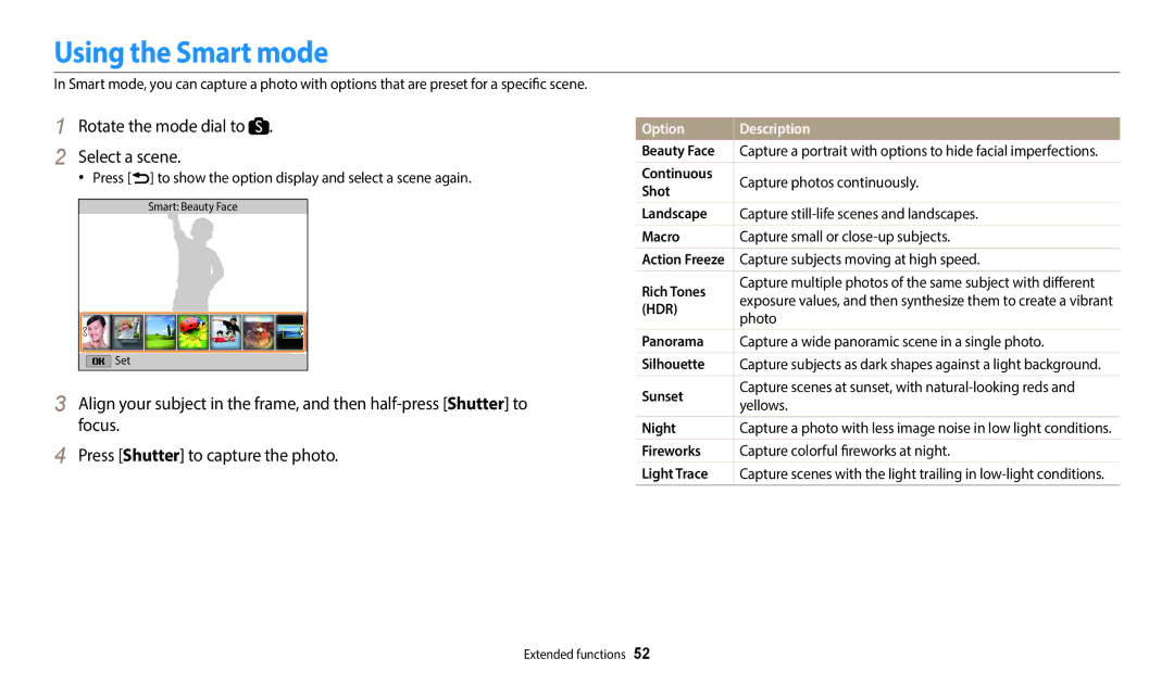 Samsung EC-WB2200BPBE2, EC-WB2200BPBFR Using the Smart mode, Rotate the mode dial to Select a scene, Option Description 