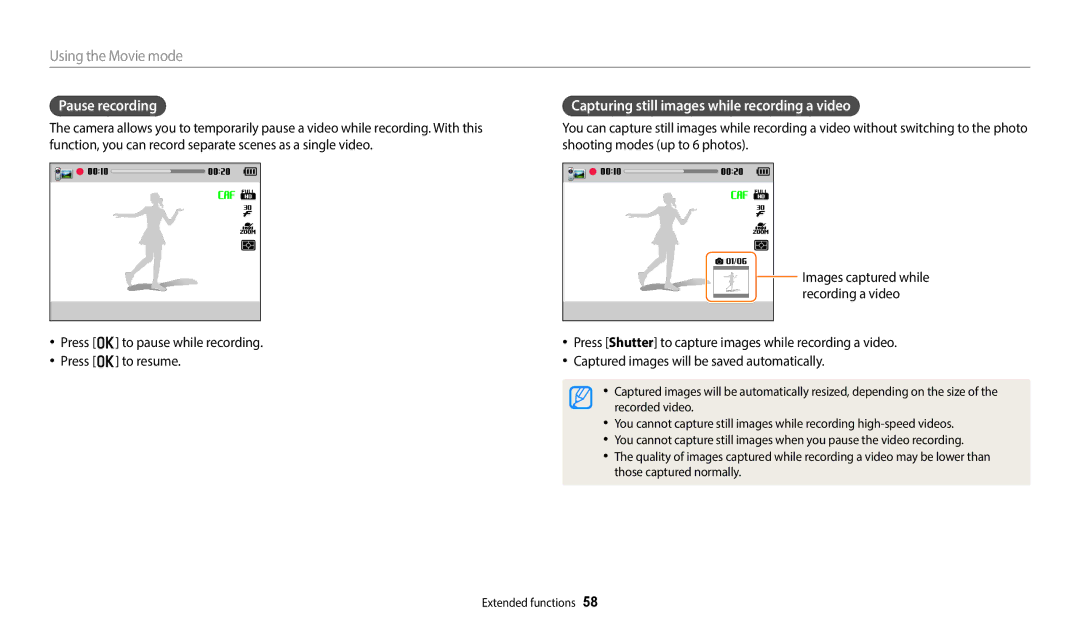 Samsung EC-WB2200BMBM3 manual Using the Movie mode, Pause recording, Capturing still images while recording a video 