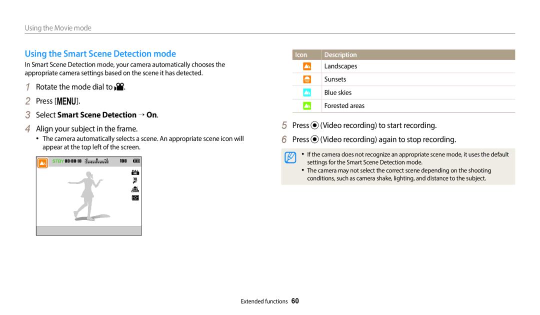 Samsung EC-WB2200DMBME, EC-WB2200BPBFR Using the Smart Scene Detection mode, Select Smart Scene Detection → On, Blue skies 