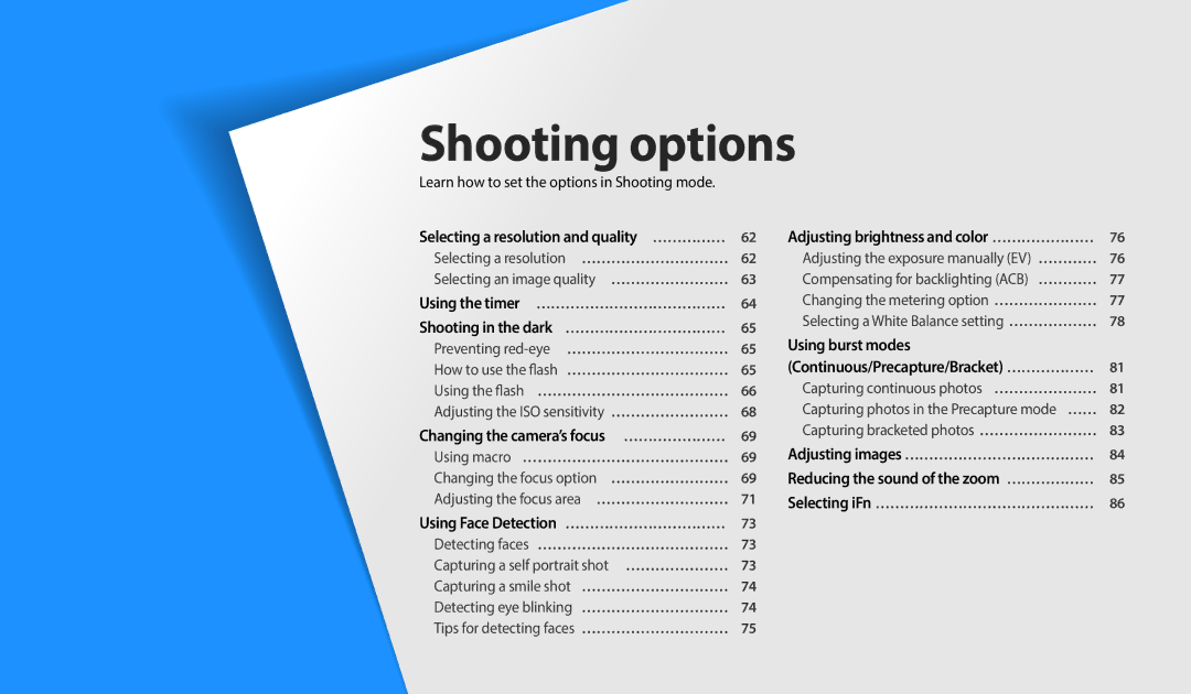 Samsung EC-WB2200DPBME, EC-WB2200BPBFR Selecting a resolution and quality … ……………, Changing the camera’s focus … ………………… 