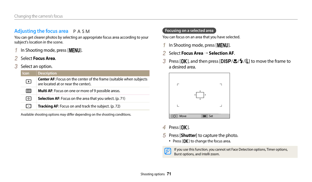 Samsung EC-WB2200BPBE1 manual Adjusting the focus area, Select Focus Area → Selection AF, Focusing on a selected area 