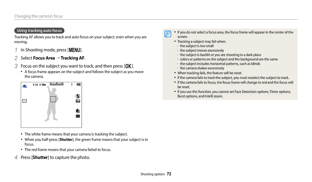 Samsung EC-WB2200BMBM3 manual Select Focus Area → Tracking AF, Focus on the subject you want to track, and then press o 