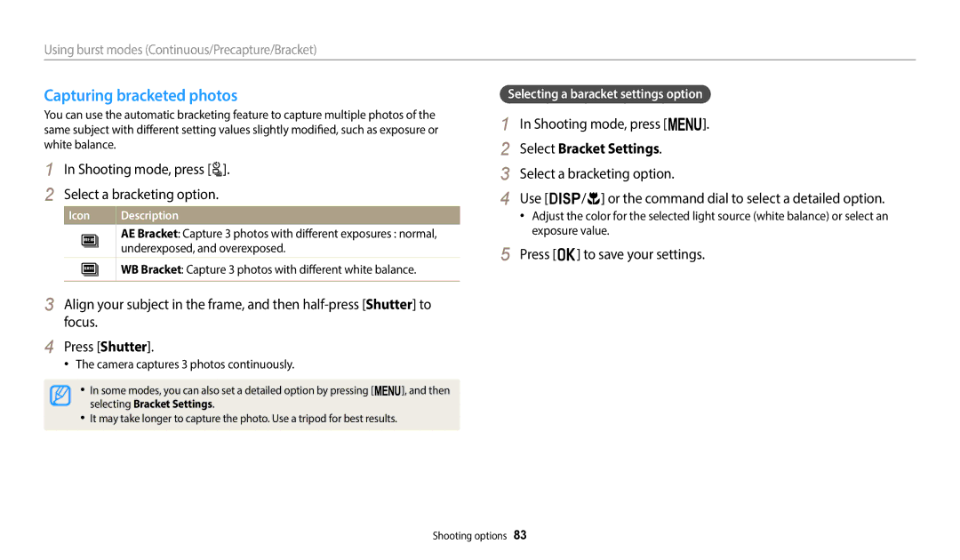 Samsung EC-WB2200BPBFR, EC-WB2200BPBTR manual Capturing bracketed photos, Shooting mode, press t Select a bracketing option 