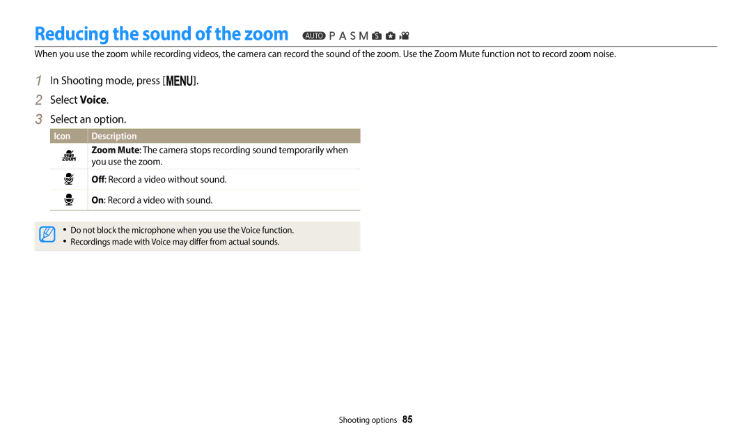 Samsung EC-WB2200BPBE1 manual Reducing the sound of the zoom, Shooting mode, press m. Select Voice Select an option 