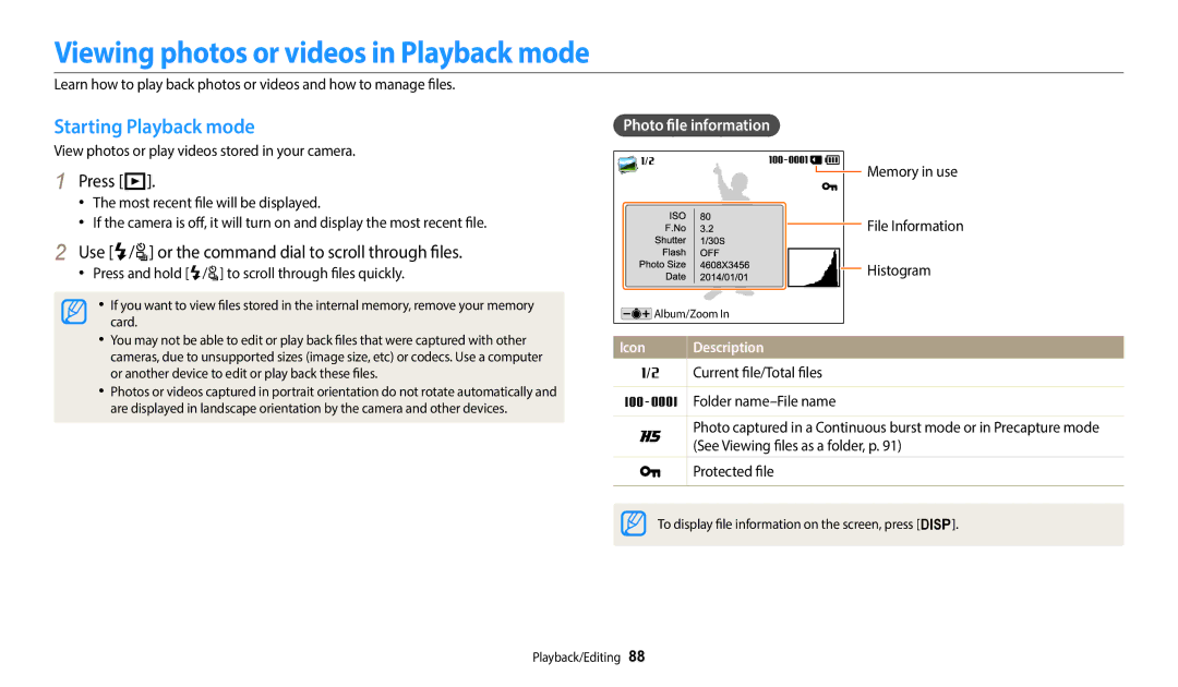 Samsung EC-WB2200DMBME Viewing photos or videos in Playback mode, Starting Playback mode, Press P, Photo file information 