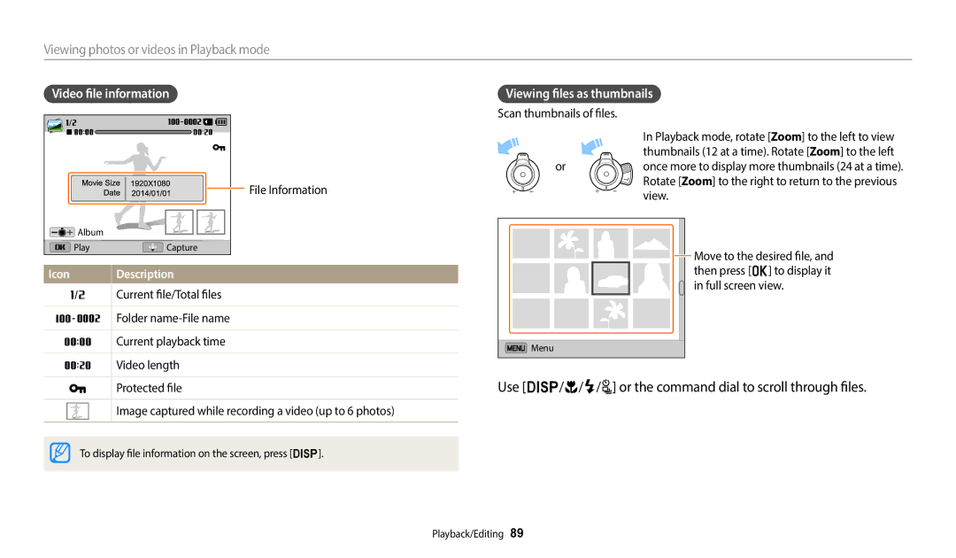 Samsung EC-WB2200DPBME Use D/c/F/t or the command dial to scroll through files, Viewing photos or videos in Playback mode 