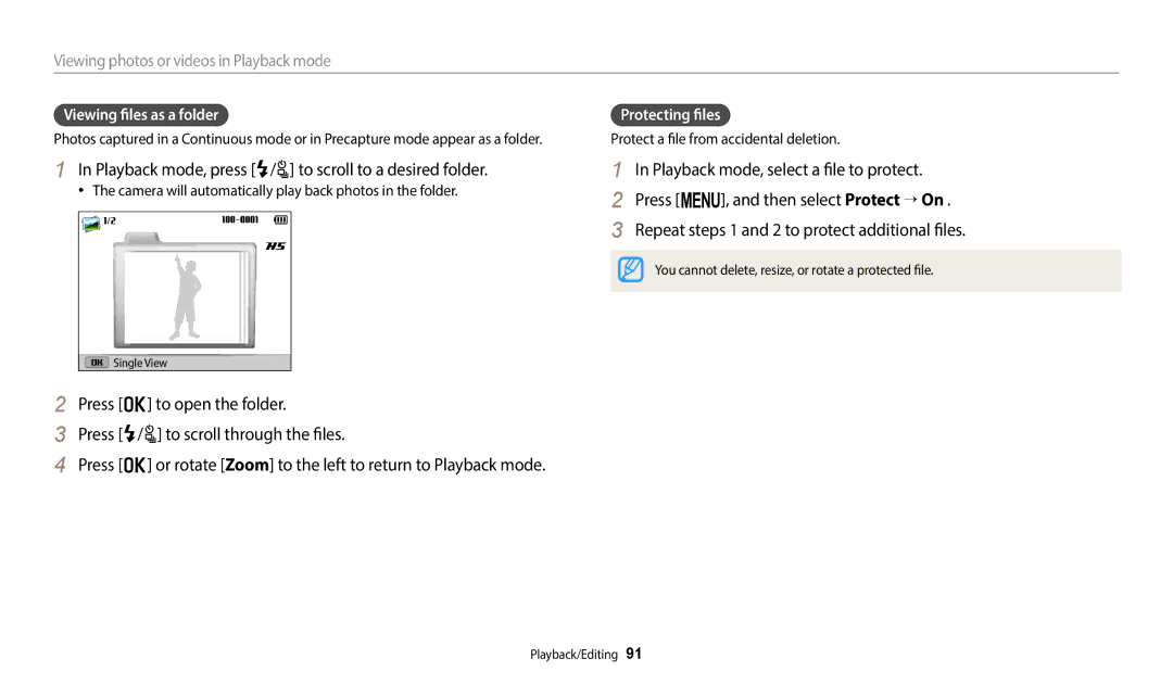 Samsung EC-WB2200BPBRU Playback mode, press F/t to scroll to a desired folder, Viewing files as a folder, Protecting files 