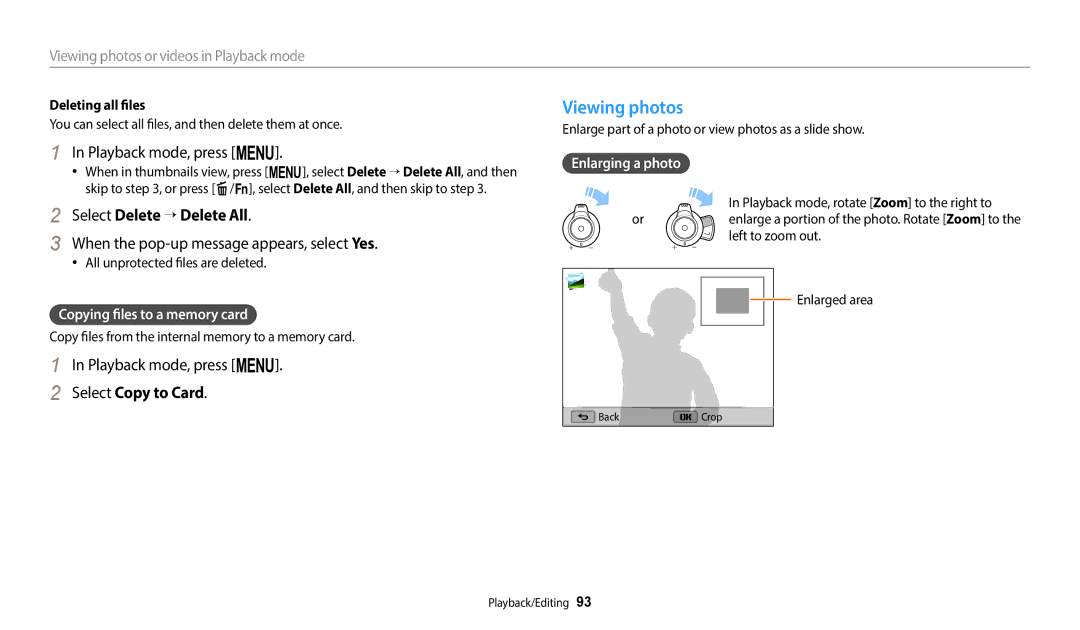 Samsung EC-WB2200BPBE3 manual Viewing photos, Playback mode, press m, Select Delete → Delete All, Select Copy to Card 